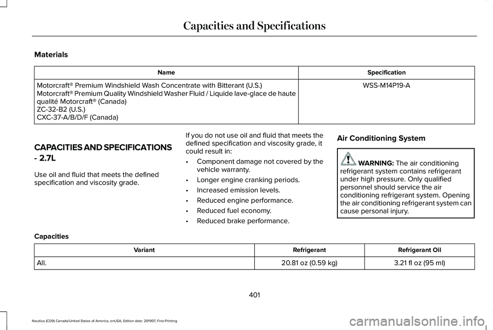 LINCOLN NAUTILUS 2020 Owners Manual Materials
Specification
Name
WSS-M14P19-A
Motorcraft® Premium Windshield Wash Concentrate with Bitterant (U.S.)
Motorcraft® Premium Quality Windshield Washer Fluid / Liquide lave-glace de haute
qual LINCOLN NAUTILUS 2020 Owners Manual Materials
Specification
Name
WSS-M14P19-A
Motorcraft® Premium Windshield Wash Concentrate with Bitterant (U.S.)
Motorcraft® Premium Quality Windshield Washer Fluid / Liquide lave-glace de haute
qual
