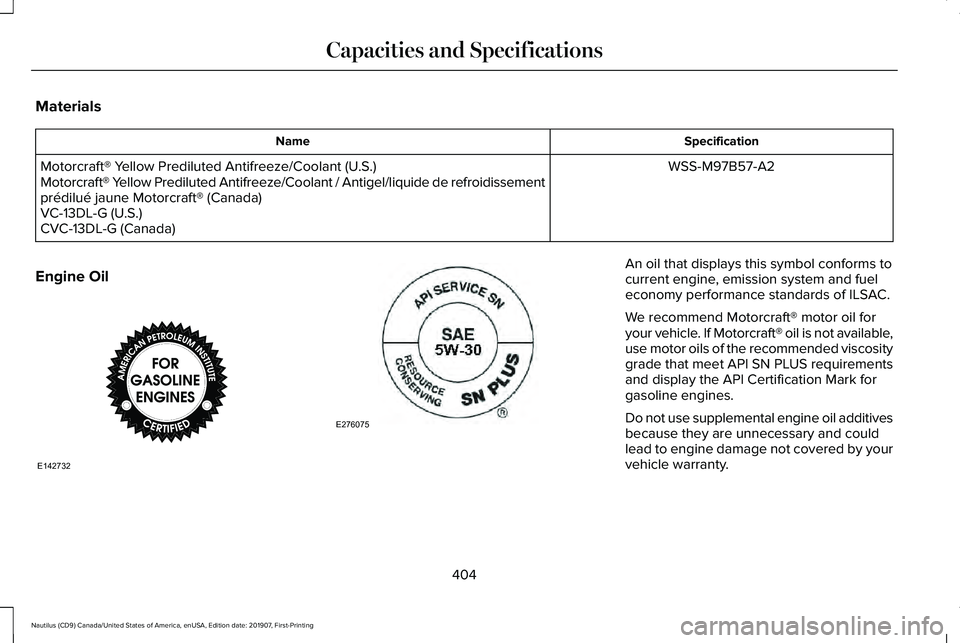 LINCOLN NAUTILUS 2020 Owners Manual Materials
Specification
Name
WSS-M97B57-A2
Motorcraft® Yellow Prediluted Antifreeze/Coolant (U.S.)
Motorcraft® Yellow Prediluted Antifreeze/Coolant / Antigel/liquide de refroidissement\
prédilué LINCOLN NAUTILUS 2020 Owners Manual Materials
Specification
Name
WSS-M97B57-A2
Motorcraft® Yellow Prediluted Antifreeze/Coolant (U.S.)
Motorcraft® Yellow Prediluted Antifreeze/Coolant / Antigel/liquide de refroidissement\
prédilué