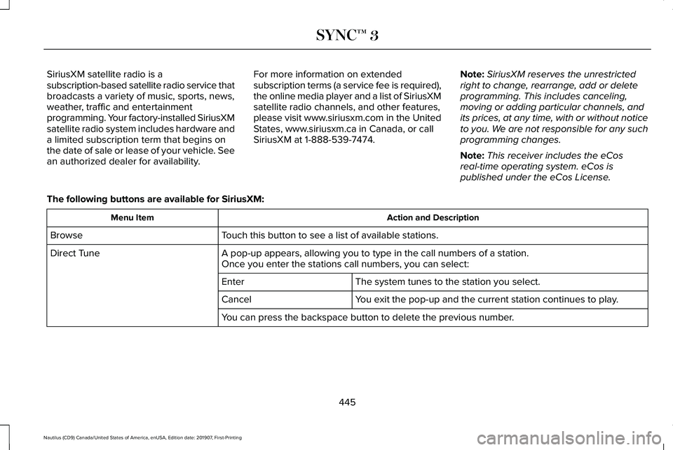 LINCOLN NAUTILUS 2020 Owners Manual SiriusXM satellite radio is a
subscription-based satellite radio service that
broadcasts a variety of music, sports, news,
weather, traffic and entertainment
programming. Your factory-installed Sirius LINCOLN NAUTILUS 2020 Owners Manual SiriusXM satellite radio is a
subscription-based satellite radio service that
broadcasts a variety of music, sports, news,
weather, traffic and entertainment
programming. Your factory-installed Sirius