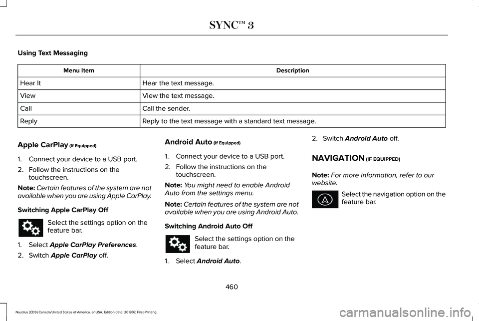 LINCOLN NAUTILUS 2020 Owners Manual Using Text Messaging
Description
Menu Item
Hear the text message.
Hear It
View the text message.
View
Call the sender.
Call
Reply to the text message with a standard text message.
Reply
Apple CarPlay LINCOLN NAUTILUS 2020 Owners Manual Using Text Messaging
Description
Menu Item
Hear the text message.
Hear It
View the text message.
View
Call the sender.
Call
Reply to the text message with a standard text message.
Reply
Apple CarPlay