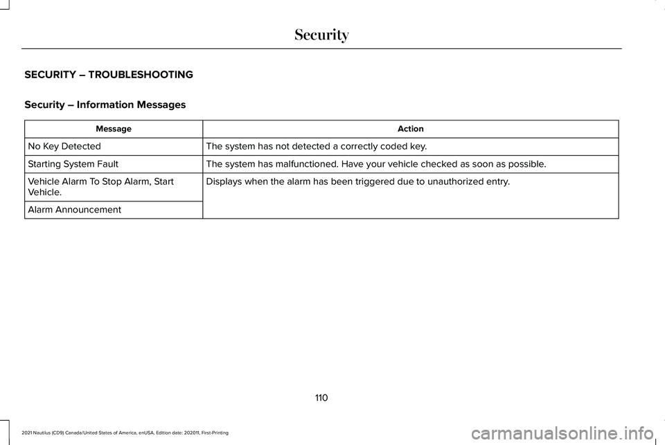 LINCOLN NAUTILUS 2021 Owners Manual SECURITY – TROUBLESHOOTING
Security – Information Messages
Action
Message
The system has not detected a correctly coded key.
No Key Detected
The system has malfunctioned. Have your vehicle checked LINCOLN NAUTILUS 2021 Owners Manual SECURITY – TROUBLESHOOTING
Security – Information Messages
Action
Message
The system has not detected a correctly coded key.
No Key Detected
The system has malfunctioned. Have your vehicle checked