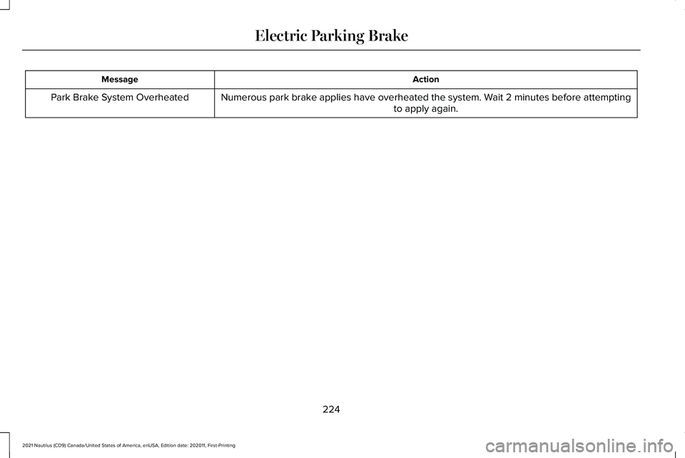 LINCOLN NAUTILUS 2021  Owners Manual Action
Message
Numerous park brake applies have overheated the system. Wait 2 minutes before attempting to apply again.
Park Brake System Overheated
224
2021 Nautilus (CD9) Canada/United States of Ame