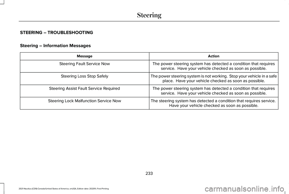 LINCOLN NAUTILUS 2021 Owners Manual STEERING – TROUBLESHOOTING
Steering – Information Messages
Action
Message
The power steering system has detected a condition that requiresservice. Have your vehicle checked as soon as possible.
S LINCOLN NAUTILUS 2021 Owners Manual STEERING – TROUBLESHOOTING
Steering – Information Messages
Action
Message
The power steering system has detected a condition that requiresservice. Have your vehicle checked as soon as possible.
S