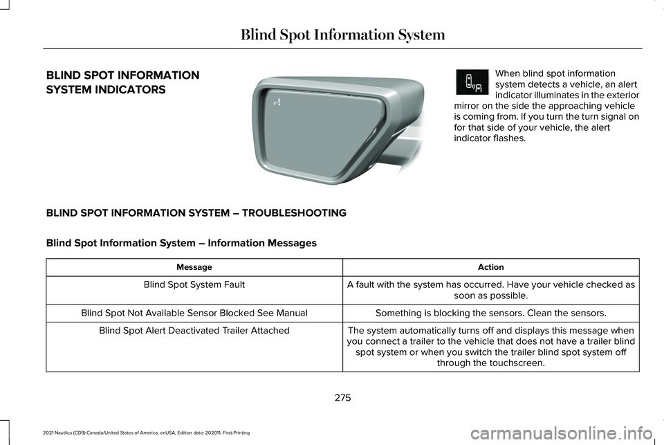LINCOLN NAUTILUS 2021 Owners Manual BLIND SPOT INFORMATION
SYSTEM INDICATORS When blind spot information
system detects a vehicle, an alert
indicator illuminates in the exterior
mirror on the side the approaching vehicle
is coming from. LINCOLN NAUTILUS 2021 Owners Manual BLIND SPOT INFORMATION
SYSTEM INDICATORS When blind spot information
system detects a vehicle, an alert
indicator illuminates in the exterior
mirror on the side the approaching vehicle
is coming from.