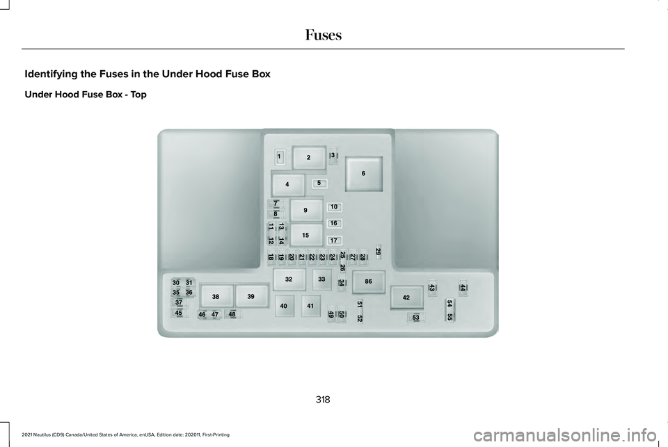 LINCOLN NAUTILUS 2021 Owners Manual Identifying the Fuses in the Under Hood Fuse Box
Under Hood Fuse Box - Top
318
2021 Nautilus (CD9) Canada/United States of America, enUSA, Edition date: 202011, First-Printing FusesE190797 LINCOLN NAUTILUS 2021 Owners Manual Identifying the Fuses in the Under Hood Fuse Box
Under Hood Fuse Box - Top
318
2021 Nautilus (CD9) Canada/United States of America, enUSA, Edition date: 202011, First-Printing FusesE190797