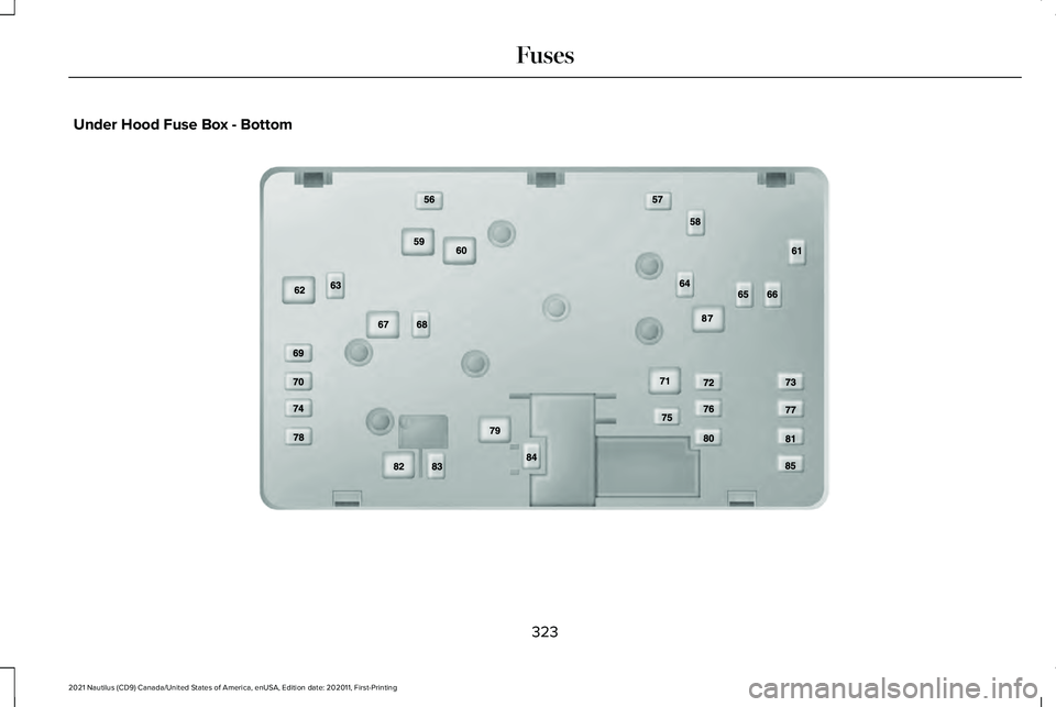 LINCOLN NAUTILUS 2021 Owners Manual Under Hood Fuse Box - Bottom
323
2021 Nautilus (CD9) Canada/United States of America, enUSA, Edition date: 202011, First-Printing FusesE190798 LINCOLN NAUTILUS 2021 Owners Manual Under Hood Fuse Box - Bottom
323
2021 Nautilus (CD9) Canada/United States of America, enUSA, Edition date: 202011, First-Printing FusesE190798