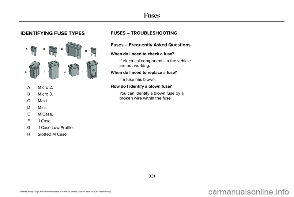 LINCOLN NAUTILUS 2021  Owners Manual IDENTIFYING FUSE TYPES
Micro 2.
A
Micro 3.
B
Maxi.C
Mini.D
M Case.
E
J Case.
F
J Case Low Profile.
G
Slotted M Case.
H FUSES – TROUBLESHOOTING
Fuses – Frequently Asked Questions
When do I need to 