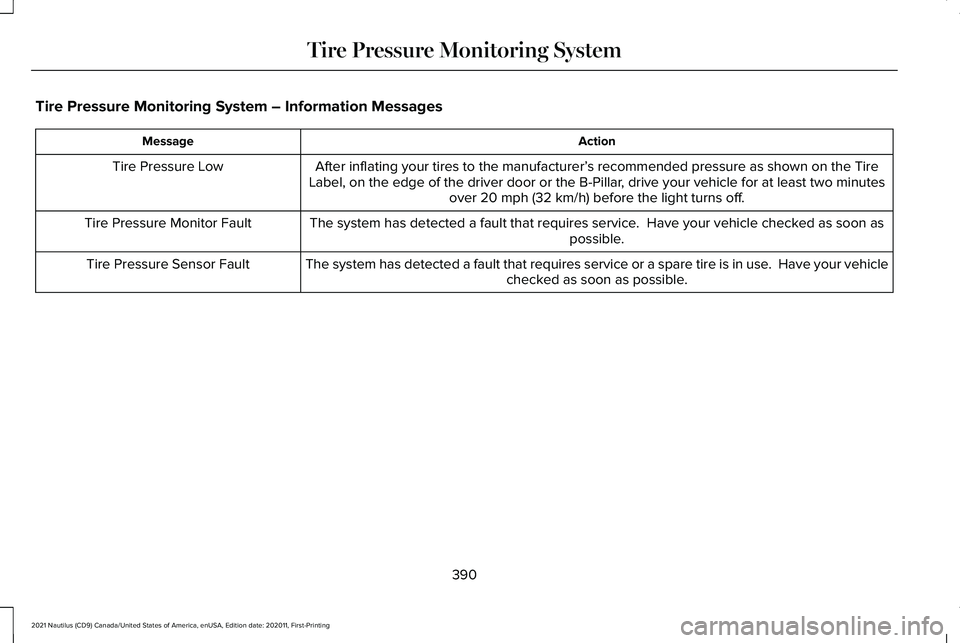 LINCOLN NAUTILUS 2021 Workshop Manual Tire Pressure Monitoring System – Information Messages
Action
Message
After inflating your tires to the manufacturer’ s recommended pressure as shown on the Tire
Label, on the edge of the driver d LINCOLN NAUTILUS 2021 Workshop Manual Tire Pressure Monitoring System – Information Messages
Action
Message
After inflating your tires to the manufacturer’ s recommended pressure as shown on the Tire
Label, on the edge of the driver d