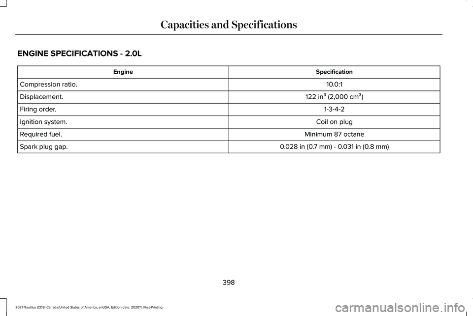 LINCOLN NAUTILUS 2021 Owners Manual ENGINE SPECIFICATIONS - 2.0L
Specification
Engine
10.0:1
Compression ratio.
122 in³ (2,000 cm³)
Displacement.
1-3-4-2
Firing order.
Coil on plug
Ignition system.
Minimum 87 octane
Required fuel.
0.0 LINCOLN NAUTILUS 2021 Owners Manual ENGINE SPECIFICATIONS - 2.0L
Specification
Engine
10.0:1
Compression ratio.
122 in³ (2,000 cm³)
Displacement.
1-3-4-2
Firing order.
Coil on plug
Ignition system.
Minimum 87 octane
Required fuel.
0.0
