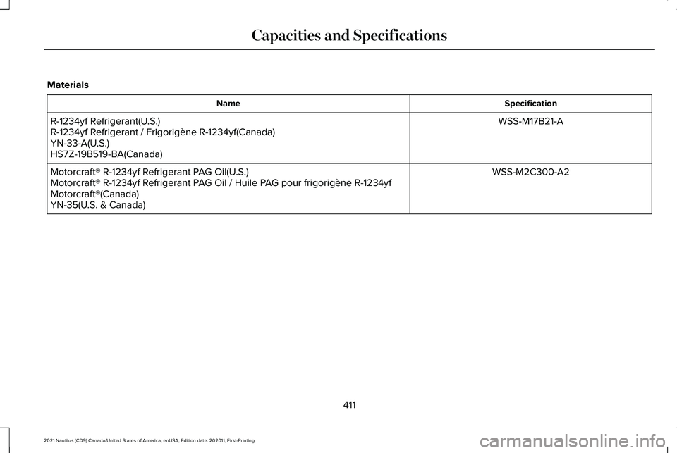 LINCOLN NAUTILUS 2021  Owners Manual Materials
Specification
Name
WSS-M17B21-A
R-1234yf Refrigerant(U.S.)
R-1234yf Refrigerant / Frigorigène R-1234yf(Canada)
YN-33-A(U.S.)
HS7Z-19B519-BA(Canada)
WSS-M2C300-A2
Motorcraft® R-1234yf Refri
