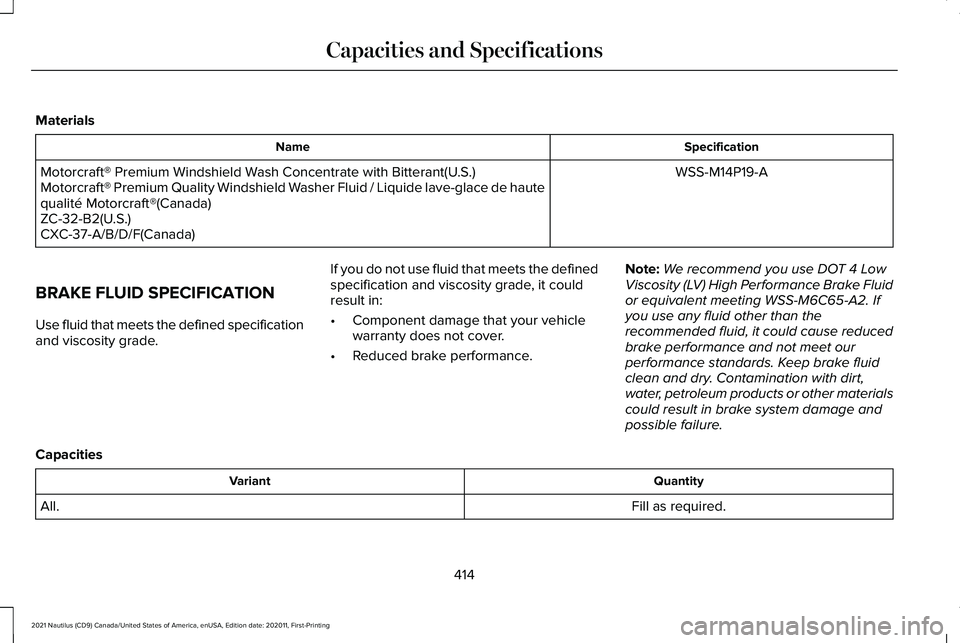LINCOLN NAUTILUS 2021 Owners Manual Materials
Specification
Name
WSS-M14P19-A
Motorcraft® Premium Windshield Wash Concentrate with Bitterant(U.S.)
Motorcraft® Premium Quality Windshield Washer Fluid / Liquide lave-glace de haute
quali LINCOLN NAUTILUS 2021 Owners Manual Materials
Specification
Name
WSS-M14P19-A
Motorcraft® Premium Windshield Wash Concentrate with Bitterant(U.S.)
Motorcraft® Premium Quality Windshield Washer Fluid / Liquide lave-glace de haute
quali