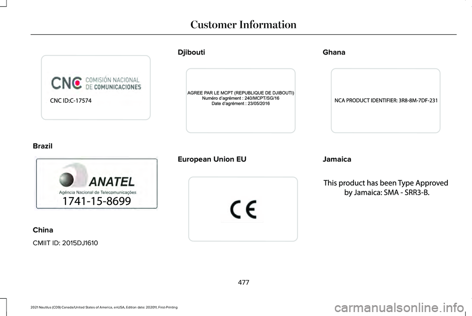 LINCOLN NAUTILUS 2021  Owners Manual Brazil
China
CMIIT ID: 2015DJ1610 Djibouti
European Union EU Ghana
Jamaica
477
2021 Nautilus (CD9) Canada/United States of America, enUSA, Edition date: 202011, First-Printing Customer InformationE340