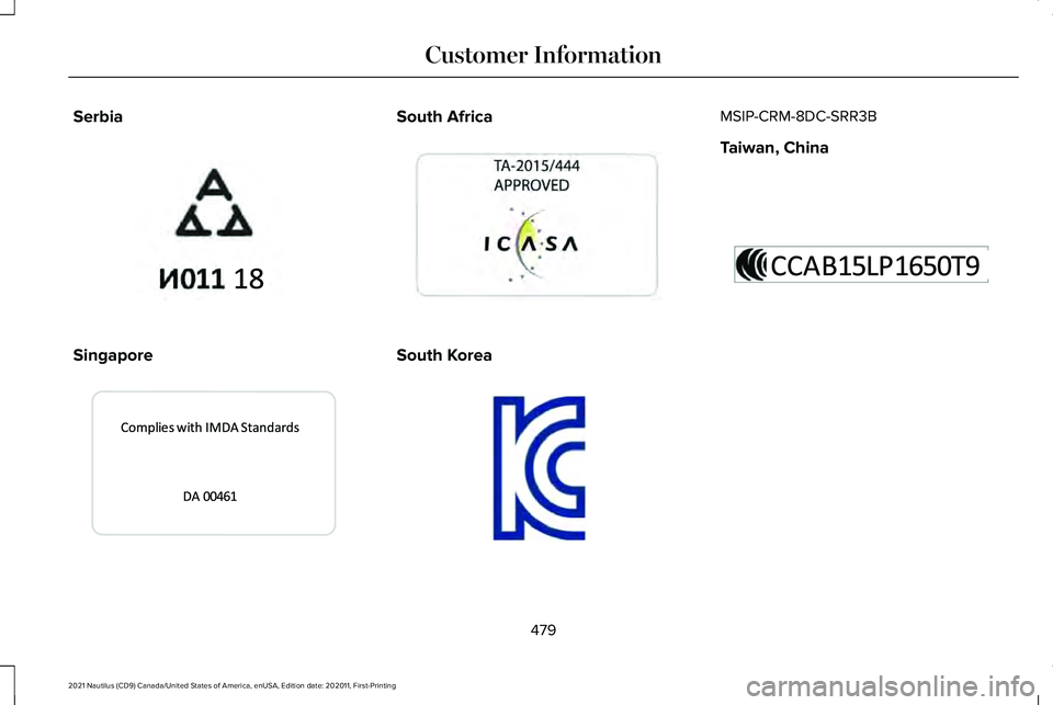 LINCOLN NAUTILUS 2021  Owners Manual Serbia
Singapore South Africa
South Korea MSIP-CRM-8DC-SRR3B
Taiwan, China
479
2021 Nautilus (CD9) Canada/United States of America, enUSA, Edition date: 202011, First-Printing Customer InformationE340
