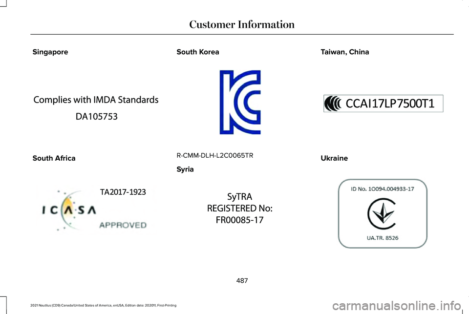 LINCOLN NAUTILUS 2021  Owners Manual Singapore
South Africa South Korea
R-CMM-DLH-L2C0065TR
Syria Taiwan, China
Ukraine
487
2021 Nautilus (CD9) Canada/United States of America, enUSA, Edition date: 202011, First-Printing Customer Informa