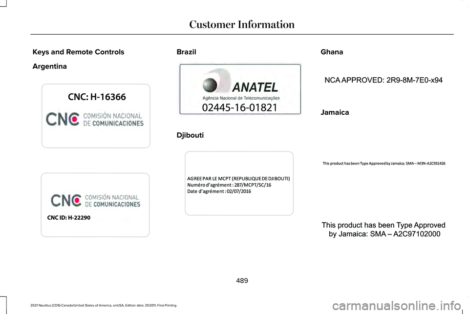 LINCOLN NAUTILUS 2021  Owners Manual Keys and Remote Controls
Argentina Brazil
Djibouti Ghana
Jamaica
489
2021 Nautilus (CD9) Canada/United States of America, enUSA, Edition date: 202011, First-Printing Customer InformationE339844  E3403