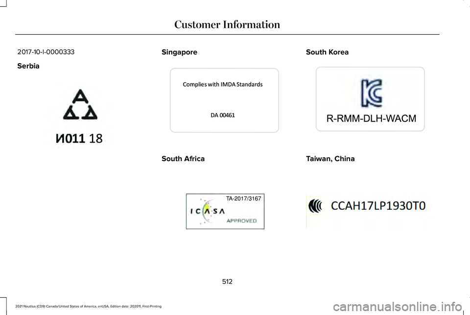 LINCOLN NAUTILUS 2021 Owners Manual 2017-10-I-0000333
Serbia
Singapore
South Africa South Korea
Taiwan, China
512
2021 Nautilus (CD9) Canada/United States of America, enUSA, Edition date: 202011, First-Printing Customer InformationE3402 LINCOLN NAUTILUS 2021 Owners Manual 2017-10-I-0000333
Serbia
Singapore
South Africa South Korea
Taiwan, China
512
2021 Nautilus (CD9) Canada/United States of America, enUSA, Edition date: 202011, First-Printing Customer InformationE3402