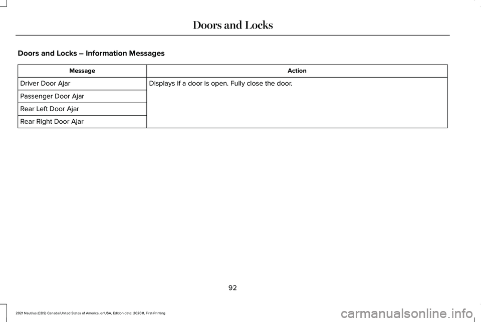LINCOLN NAUTILUS 2021 Owners Manual Doors and Locks – Information Messages
Action
Message
Displays if a door is open. Fully close the door.
Driver Door Ajar
Passenger Door Ajar
Rear Left Door Ajar
Rear Right Door Ajar
92
2021 Nautilus LINCOLN NAUTILUS 2021 Owners Manual Doors and Locks – Information Messages
Action
Message
Displays if a door is open. Fully close the door.
Driver Door Ajar
Passenger Door Ajar
Rear Left Door Ajar
Rear Right Door Ajar
92
2021 Nautilus
