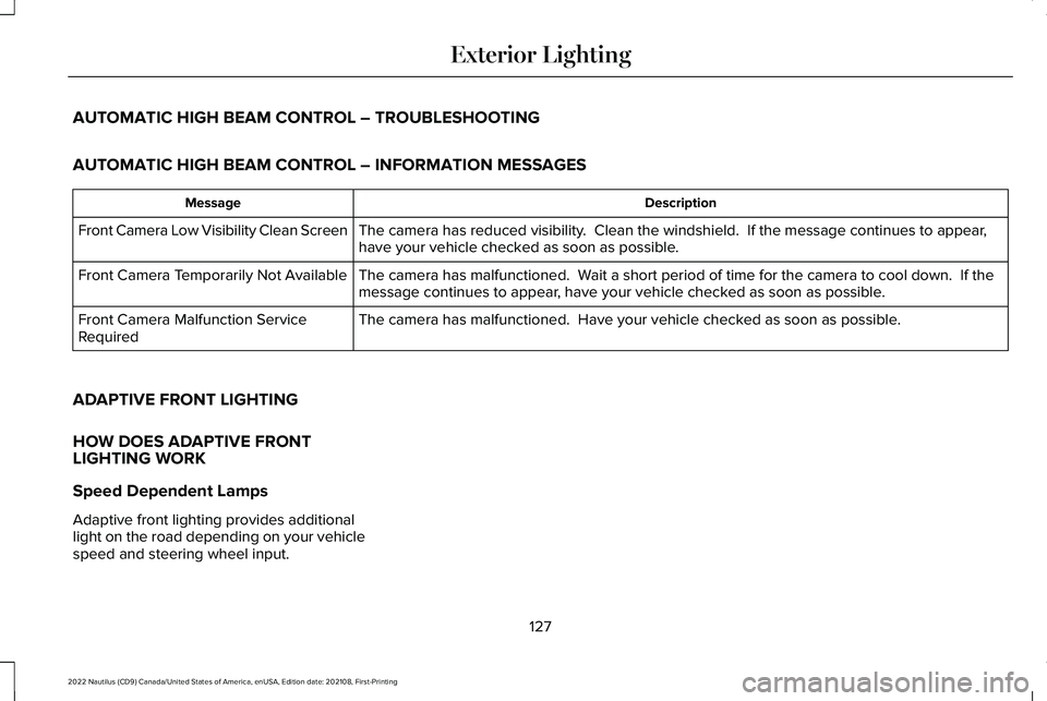 LINCOLN NAUTILUS 2022 Owners Manual AUTOMATIC HIGH BEAM CONTROL – TROUBLESHOOTING
AUTOMATIC HIGH BEAM CONTROL – INFORMATION MESSAGES
DescriptionMessage
The camera has reduced visibility. Clean the windshield. If the message contin LINCOLN NAUTILUS 2022 Owners Manual AUTOMATIC HIGH BEAM CONTROL – TROUBLESHOOTING
AUTOMATIC HIGH BEAM CONTROL – INFORMATION MESSAGES
DescriptionMessage
The camera has reduced visibility. Clean the windshield. If the message contin