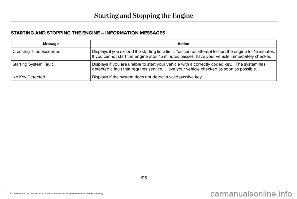 LINCOLN NAUTILUS 2022 Owners Manual STARTING AND STOPPING THE ENGINE – INFORMATION MESSAGES
ActionMessage
Displays if you exceed the starting time limit. You cannot attempt to start the engine for 15 minutes.If you cannot start the en LINCOLN NAUTILUS 2022 Owners Manual STARTING AND STOPPING THE ENGINE – INFORMATION MESSAGES
ActionMessage
Displays if you exceed the starting time limit. You cannot attempt to start the engine for 15 minutes.If you cannot start the en