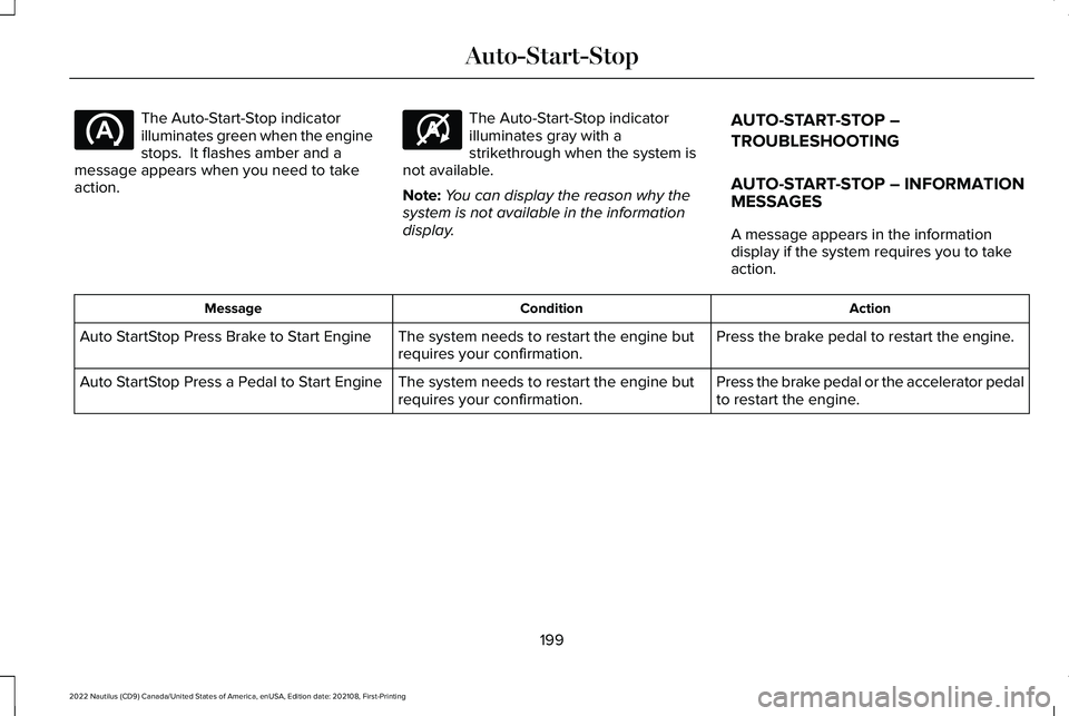 LINCOLN NAUTILUS 2022 Owners Manual The Auto-Start-Stop indicatorilluminates green when the enginestops. It flashes amber and amessage appears when you need to takeaction.
The Auto-Start-Stop indicatorilluminates gray with astrikethrou LINCOLN NAUTILUS 2022 Owners Manual The Auto-Start-Stop indicatorilluminates green when the enginestops. It flashes amber and amessage appears when you need to takeaction.
The Auto-Start-Stop indicatorilluminates gray with astrikethrou