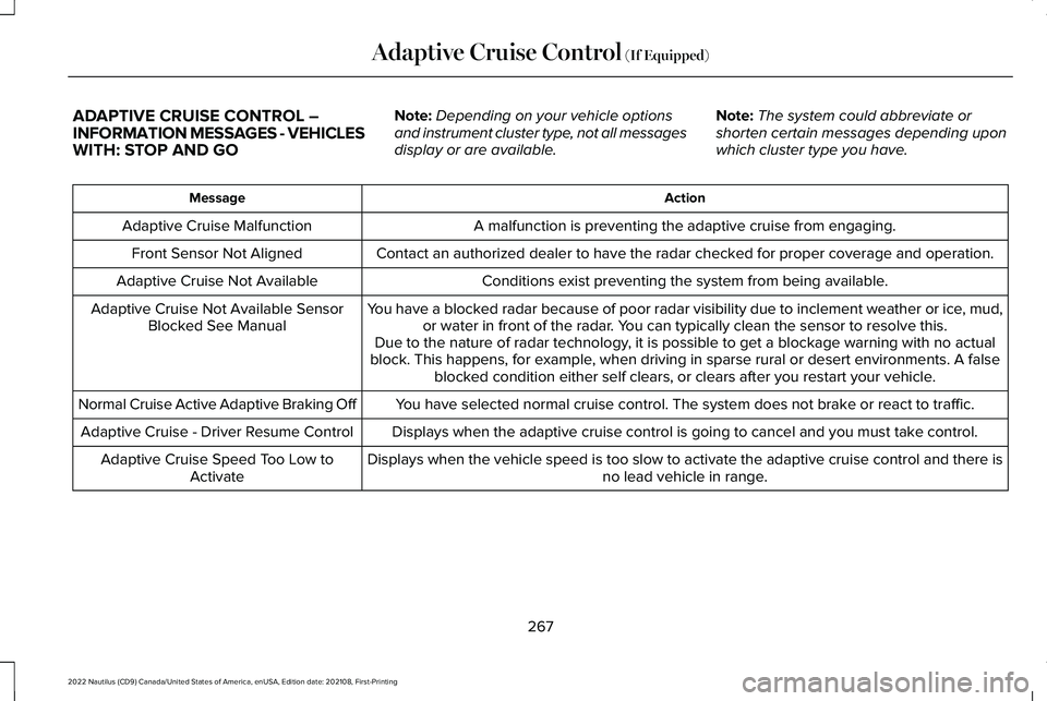 LINCOLN NAUTILUS 2022 Owners Guide ADAPTIVE CRUISE CONTROL –INFORMATION MESSAGES - VEHICLESWITH: STOP AND GO
Note:Depending on your vehicle optionsand instrument cluster type, not all messagesdisplay or are available.
Note:The system LINCOLN NAUTILUS 2022 Owners Guide ADAPTIVE CRUISE CONTROL –INFORMATION MESSAGES - VEHICLESWITH: STOP AND GO
Note:Depending on your vehicle optionsand instrument cluster type, not all messagesdisplay or are available.
Note:The system