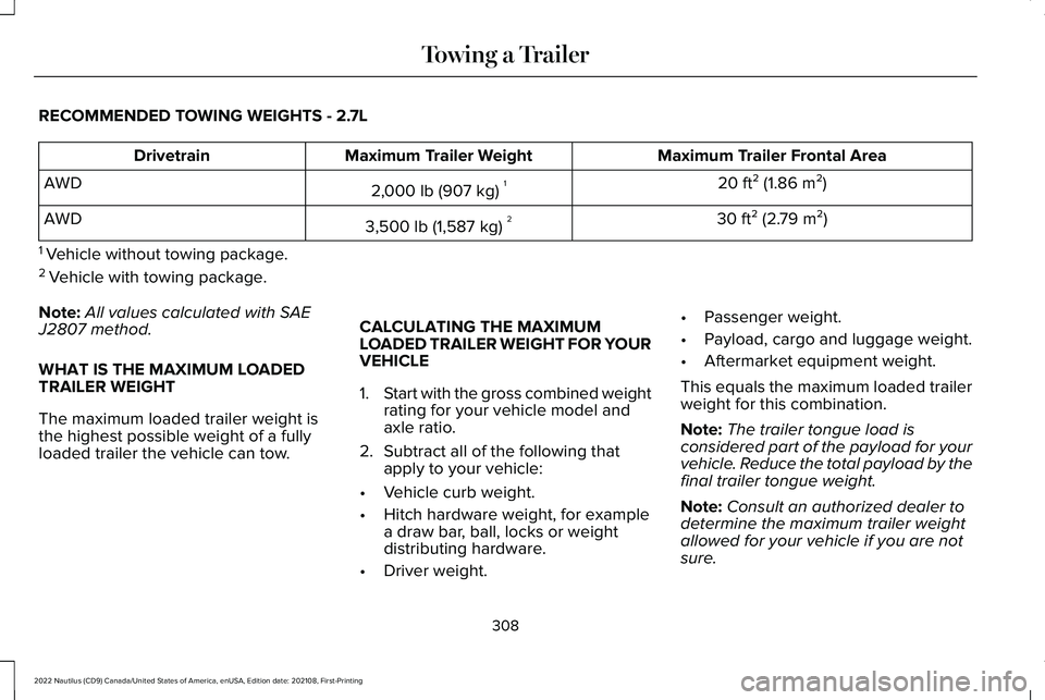 LINCOLN NAUTILUS 2022  Owners Manual RECOMMENDED TOWING WEIGHTS - 2.7L
Maximum Trailer Frontal AreaMaximum Trailer WeightDrivetrain
20 ft² (1.86 m²)2,000 lb (907 kg)1AWD
30 ft² (2.79 m²)3,500 lb (1,587 kg)2AWD
1 Vehicle without towin