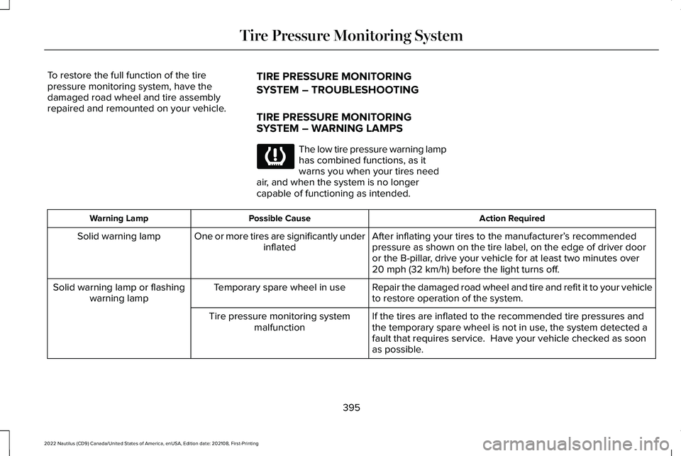 LINCOLN NAUTILUS 2022 Manual PDF To restore the full function of the tirepressure monitoring system, have thedamaged road wheel and tire assemblyrepaired and remounted on your vehicle.
TIRE PRESSURE MONITORING
SYSTEM – TROUBLESHOOT LINCOLN NAUTILUS 2022 Manual PDF To restore the full function of the tirepressure monitoring system, have thedamaged road wheel and tire assemblyrepaired and remounted on your vehicle.
TIRE PRESSURE MONITORING
SYSTEM – TROUBLESHOOT