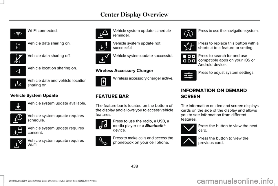 LINCOLN NAUTILUS 2022 Owners Manual Wi-Fi connected.
Vehicle data sharing on.
Vehicle data sharing off.
Vehicle location sharing on.
Vehicle data and vehicle locationsharing on.
Vehicle System Update
Vehicle system update available.
Veh LINCOLN NAUTILUS 2022 Owners Manual Wi-Fi connected.
Vehicle data sharing on.
Vehicle data sharing off.
Vehicle location sharing on.
Vehicle data and vehicle locationsharing on.
Vehicle System Update
Vehicle system update available.
Veh