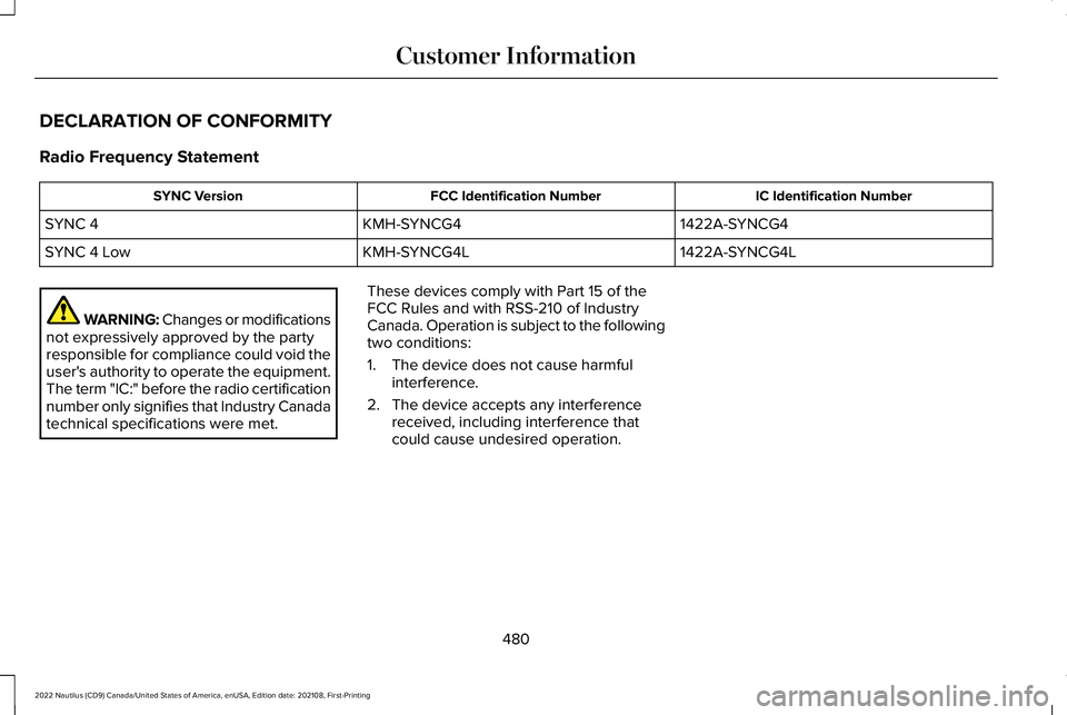 LINCOLN NAUTILUS 2022 Owners Manual DECLARATION OF CONFORMITY
Radio Frequency Statement
IC Identification NumberFCC Identification NumberSYNC Version
1422A-SYNCG4KMH-SYNCG4SYNC 4
1422A-SYNCG4LKMH-SYNCG4LSYNC 4 Low
WARNING: Changes or mo LINCOLN NAUTILUS 2022 Owners Manual DECLARATION OF CONFORMITY
Radio Frequency Statement
IC Identification NumberFCC Identification NumberSYNC Version
1422A-SYNCG4KMH-SYNCG4SYNC 4
1422A-SYNCG4LKMH-SYNCG4LSYNC 4 Low
WARNING: Changes or mo