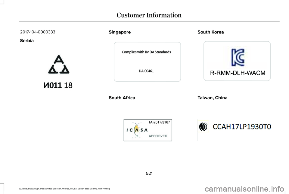 LINCOLN NAUTILUS 2022  Owners Manual 2017-10-I-0000333
Serbia
Singapore
South Africa
South Korea
Taiwan, China
521
2022 Nautilus (CD9) Canada/United States of America, enUSA, Edition date: 202108, First-PrintingCustomer InformationE34020