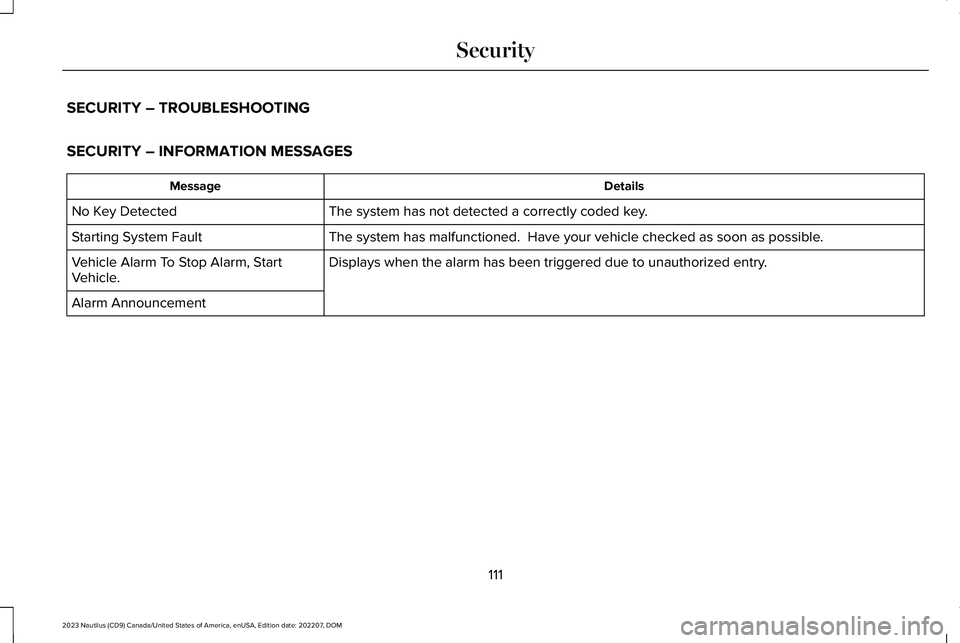 LINCOLN NAUTILUS 2023 Owners Manual SECURITY – TROUBLESHOOTING
SECURITY – INFORMATION MESSAGES
DetailsMessage
The system has not detected a correctly coded key.No Key Detected
The system has malfunctioned. Have your vehicle checked LINCOLN NAUTILUS 2023 Owners Manual SECURITY – TROUBLESHOOTING
SECURITY – INFORMATION MESSAGES
DetailsMessage
The system has not detected a correctly coded key.No Key Detected
The system has malfunctioned. Have your vehicle checked