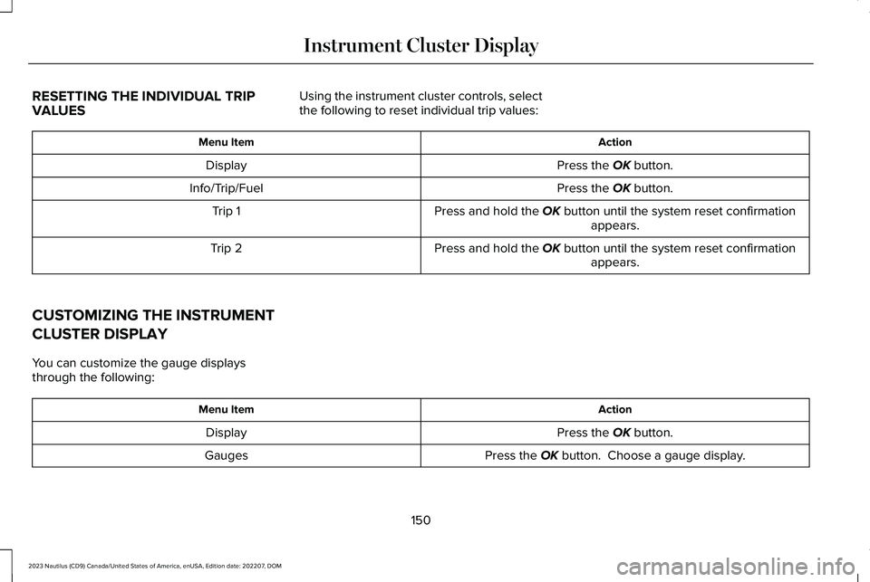 LINCOLN NAUTILUS 2023 Owners Manual RESETTING THE INDIVIDUAL TRIPVALUES
Using the instrument cluster controls, selectthe following to reset individual trip values:
ActionMenu Item
Press the OK button.Display
Press the OK button.Info/Tri LINCOLN NAUTILUS 2023 Owners Manual RESETTING THE INDIVIDUAL TRIPVALUES
Using the instrument cluster controls, selectthe following to reset individual trip values:
ActionMenu Item
Press the OK button.Display
Press the OK button.Info/Tri
