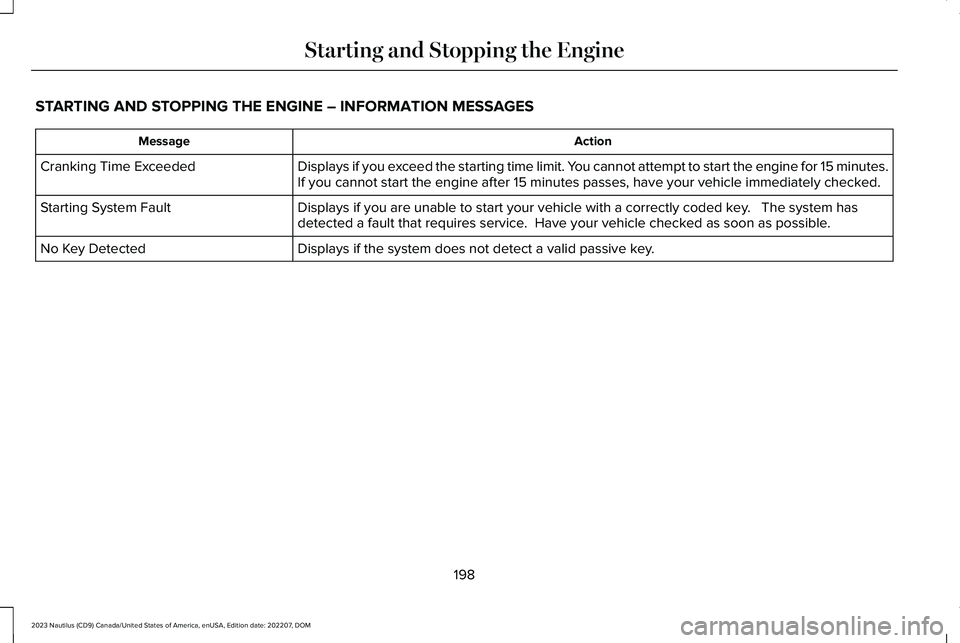 LINCOLN NAUTILUS 2023 Owners Manual STARTING AND STOPPING THE ENGINE – INFORMATION MESSAGES
ActionMessage
Displays if you exceed the starting time limit. You cannot attempt to start the engine for 15 minutes.If you cannot start the en LINCOLN NAUTILUS 2023 Owners Manual STARTING AND STOPPING THE ENGINE – INFORMATION MESSAGES
ActionMessage
Displays if you exceed the starting time limit. You cannot attempt to start the engine for 15 minutes.If you cannot start the en