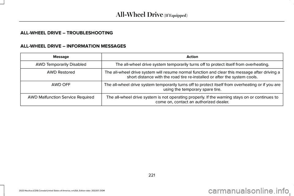 LINCOLN NAUTILUS 2023  Owners Manual ALL-WHEEL DRIVE – TROUBLESHOOTING
ALL-WHEEL DRIVE – INFORMATION MESSAGES
ActionMessage
The all-wheel drive system temporarily turns off to protect itself from overheating.AWD Temporarily Disabled
