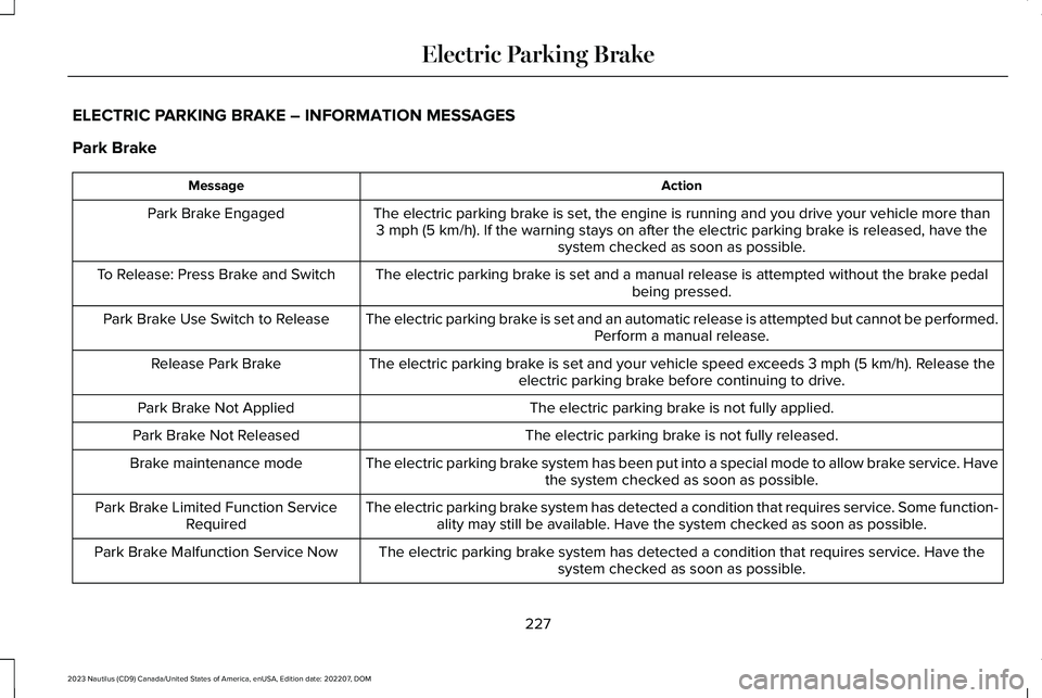 LINCOLN NAUTILUS 2023 Owners Manual ELECTRIC PARKING BRAKE – INFORMATION MESSAGES
Park Brake
ActionMessage
The electric parking brake is set, the engine is running and you drive your vehicle more than3 mph (5 km/h). If the warning sta LINCOLN NAUTILUS 2023 Owners Manual ELECTRIC PARKING BRAKE – INFORMATION MESSAGES
Park Brake
ActionMessage
The electric parking brake is set, the engine is running and you drive your vehicle more than3 mph (5 km/h). If the warning sta