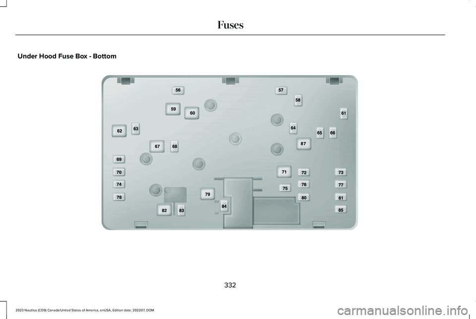 LINCOLN NAUTILUS 2023 Owners Manual Under Hood Fuse Box - Bottom
332
2023 Nautilus (CD9) Canada/United States of America, enUSA, Edition date: 202207, DOMFusesE190798 LINCOLN NAUTILUS 2023 Owners Manual Under Hood Fuse Box - Bottom
332
2023 Nautilus (CD9) Canada/United States of America, enUSA, Edition date: 202207, DOMFusesE190798