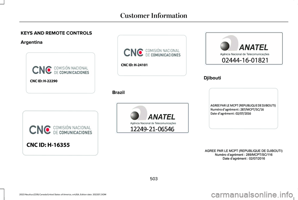 LINCOLN NAUTILUS 2023  Owners Manual KEYS AND REMOTE CONTROLS
Argentina
Brazil
Djibouti
503
2023 Nautilus (CD9) Canada/United States of America, enUSA, Edition date: 202207, DOMCustomer InformationE340316  E340119  E342143  E372151  E340