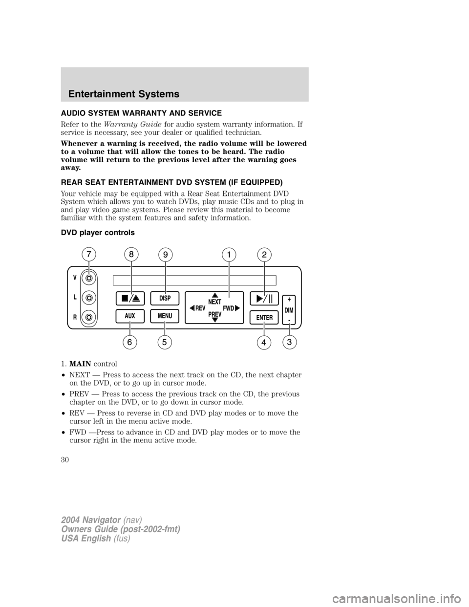 LINCOLN NAVIGATOR 2004 Owners Manual AUDIO SYSTEM WARRANTY AND SERVICE
Refer to the Warranty Guide for audio system warranty information. If
service is necessary, see your dealer or qualified technician.
Whenever a warning is received, t LINCOLN NAVIGATOR 2004 Owners Manual AUDIO SYSTEM WARRANTY AND SERVICE
Refer to the Warranty Guide for audio system warranty information. If
service is necessary, see your dealer or qualified technician.
Whenever a warning is received, t