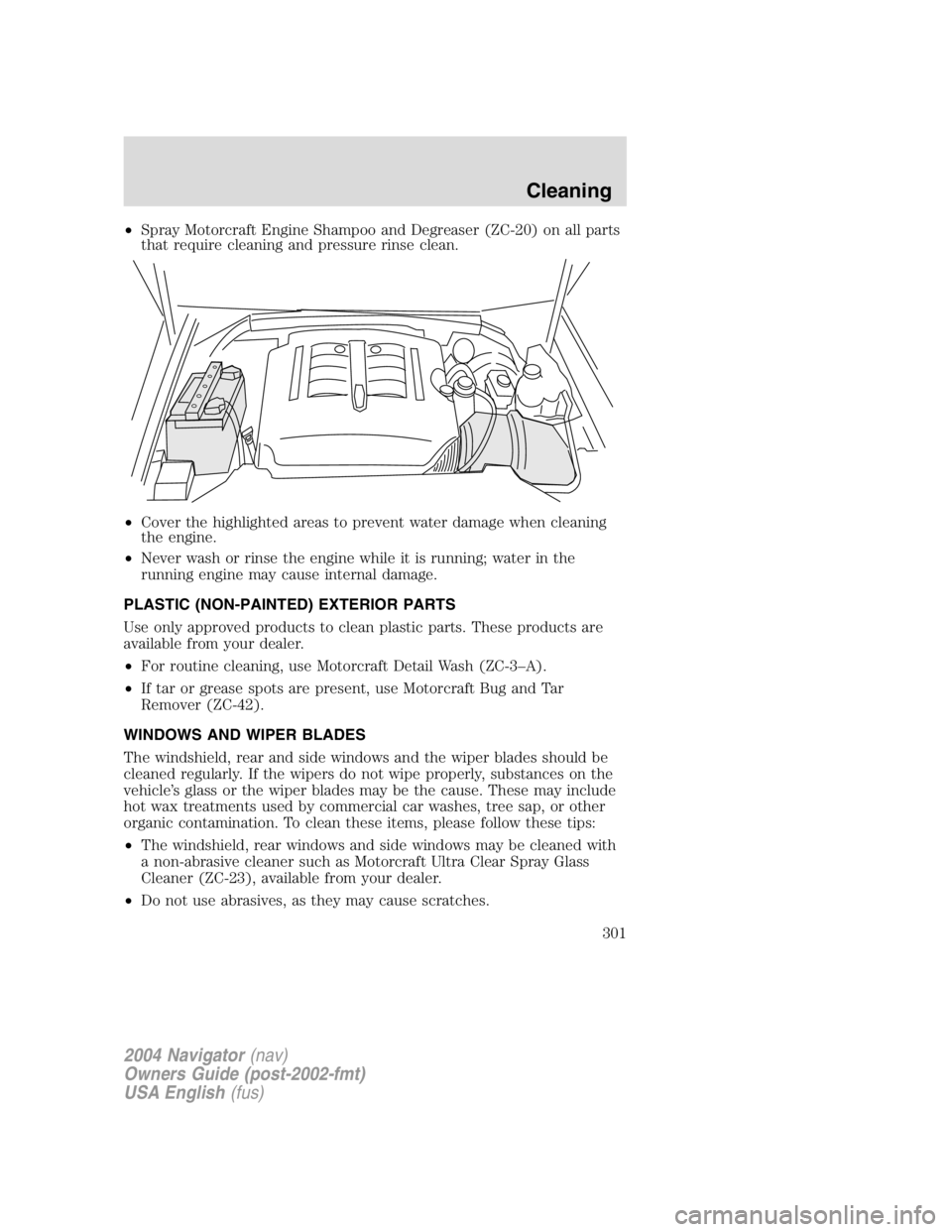 LINCOLN NAVIGATOR 2004  Owners Manual • Spray Motorcraft Engine Shampoo and Degreaser (ZC-20) on all parts
that require cleaning and pressure rinse clean.
• Cover the highlighted areas to prevent water damage when cleaning
the engine.