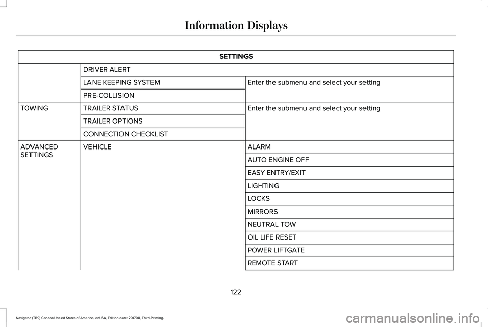 LINCOLN NAVIGATOR 2018  Owners Manual SETTINGS
DRIVER ALERT
Enter the submenu and select your settingLANE KEEPING SYSTEM
PRE-COLLISION
Enter the submenu and select your settingTRAILER STATUSTOWING
TRAILER OPTIONS
CONNECTION CHECKLIST
ALAR