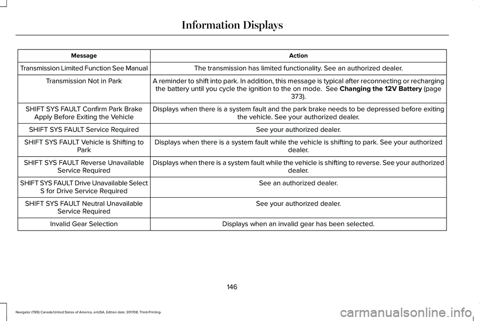 LINCOLN NAVIGATOR 2018 Owners Manual ActionMessage
The transmission has limited functionality. See an authorized dealer.Transmission Limited Function See Manual
A reminder to shift into park. In addition, this message is typical after re LINCOLN NAVIGATOR 2018 Owners Manual ActionMessage
The transmission has limited functionality. See an authorized dealer.Transmission Limited Function See Manual
A reminder to shift into park. In addition, this message is typical after re