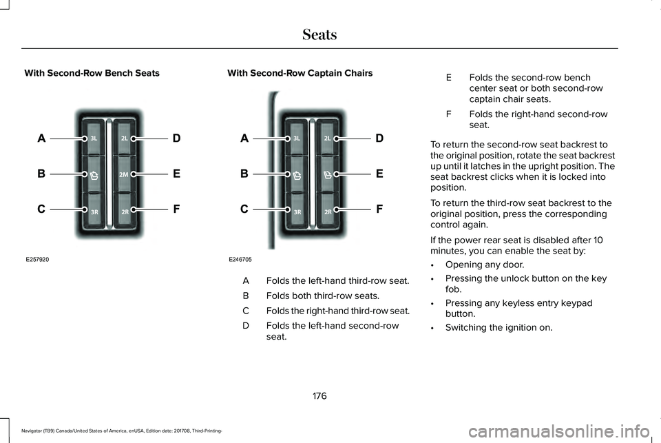 LINCOLN NAVIGATOR 2018 Owners Manual With Second-Row Bench SeatsWith Second-Row Captain Chairs
Folds the left-hand third-row seat.A
Folds both third-row seats.B
Folds the right-hand third-row seat.C
Folds the left-hand second-rowseat.D
F LINCOLN NAVIGATOR 2018 Owners Manual With Second-Row Bench SeatsWith Second-Row Captain Chairs
Folds the left-hand third-row seat.A
Folds both third-row seats.B
Folds the right-hand third-row seat.C
Folds the left-hand second-rowseat.D
F