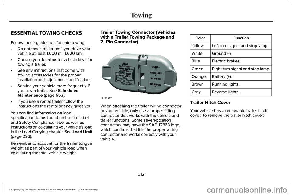 LINCOLN NAVIGATOR 2018 Owners Manual ESSENTIAL TOWING CHECKS
Follow these guidelines for safe towing:
•Do not tow a trailer until you drive yourvehicle at least 1,000 mi (1,600 km).
•Consult your local motor vehicle laws fortowing a LINCOLN NAVIGATOR 2018 Owners Manual ESSENTIAL TOWING CHECKS
Follow these guidelines for safe towing:
•Do not tow a trailer until you drive yourvehicle at least 1,000 mi (1,600 km).
•Consult your local motor vehicle laws fortowing a