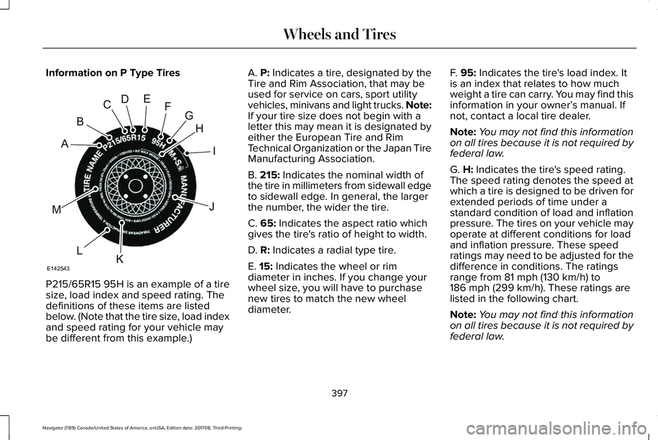 LINCOLN NAVIGATOR 2018  Owners Manual Information on P Type Tires
P215/65R15 95H is an example of a tiresize, load index and speed rating. Thedefinitions of these items are listedbelow. (Note that the tire size, load indexand speed rating