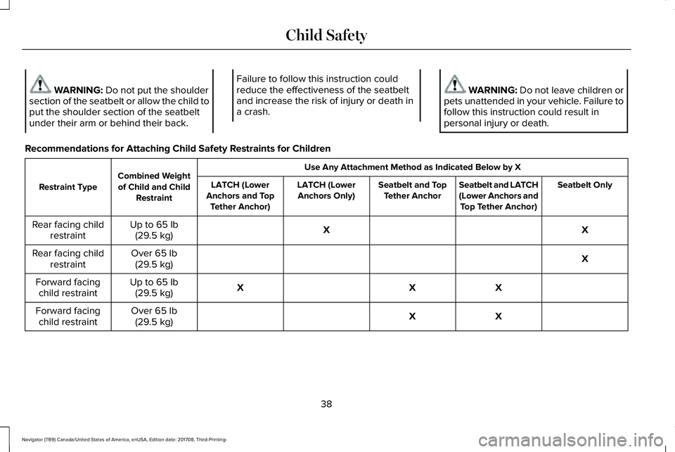 LINCOLN NAVIGATOR 2018 Service Manual WARNING: Do not put the shouldersection of the seatbelt or allow the child toput the shoulder section of the seatbeltunder their arm or behind their back.
Failure to follow this instruction couldreduc LINCOLN NAVIGATOR 2018 Service Manual WARNING: Do not put the shouldersection of the seatbelt or allow the child toput the shoulder section of the seatbeltunder their arm or behind their back.
Failure to follow this instruction couldreduc