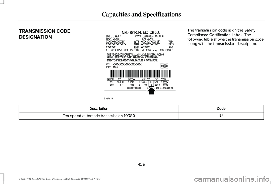 LINCOLN NAVIGATOR 2018 Owners Manual TRANSMISSION CODE
DESIGNATION
The transmission code is on the SafetyCompliance Certification Label. Thefollowing table shows the transmission codealong with the transmission description.
CodeDescript LINCOLN NAVIGATOR 2018 Owners Manual TRANSMISSION CODE
DESIGNATION
The transmission code is on the SafetyCompliance Certification Label. Thefollowing table shows the transmission codealong with the transmission description.
CodeDescript