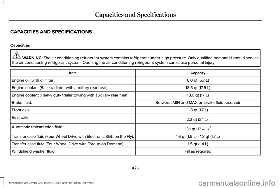 LINCOLN NAVIGATOR 2018 Owners Manual CAPACITIES AND SPECIFICATIONS
Capacities
WARNING: The air conditioning refrigerant system contains refrigerant under high pressure. Only qualified personnel should servicethe air conditioning refriger LINCOLN NAVIGATOR 2018 Owners Manual CAPACITIES AND SPECIFICATIONS
Capacities
WARNING: The air conditioning refrigerant system contains refrigerant under high pressure. Only qualified personnel should servicethe air conditioning refriger