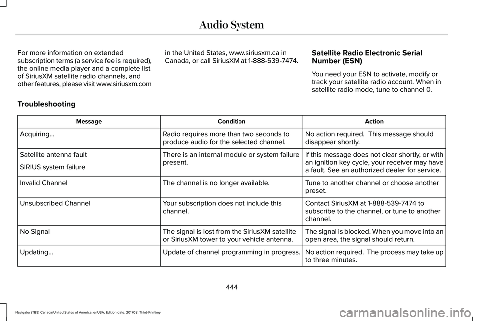 LINCOLN NAVIGATOR 2018 Owners Manual For more information on extendedsubscription terms (a service fee is required),the online media player and a complete listof SiriusXM satellite radio channels, andother features, please visit www.siri LINCOLN NAVIGATOR 2018 Owners Manual For more information on extendedsubscription terms (a service fee is required),the online media player and a complete listof SiriusXM satellite radio channels, andother features, please visit www.siri