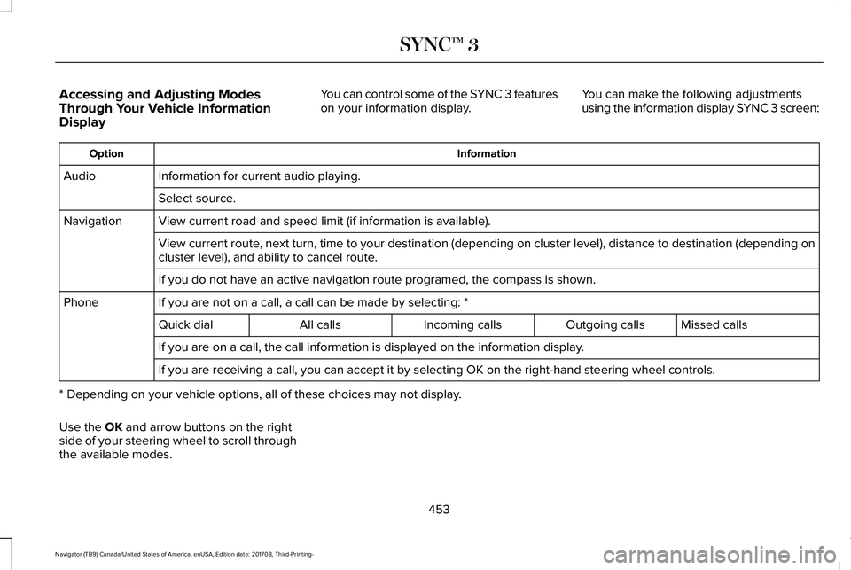 LINCOLN NAVIGATOR 2018 Owners Manual Accessing and Adjusting ModesThrough Your Vehicle InformationDisplay
You can control some of the SYNC 3 featureson your information display.You can make the following adjustmentsusing the information LINCOLN NAVIGATOR 2018 Owners Manual Accessing and Adjusting ModesThrough Your Vehicle InformationDisplay
You can control some of the SYNC 3 featureson your information display.You can make the following adjustmentsusing the information
