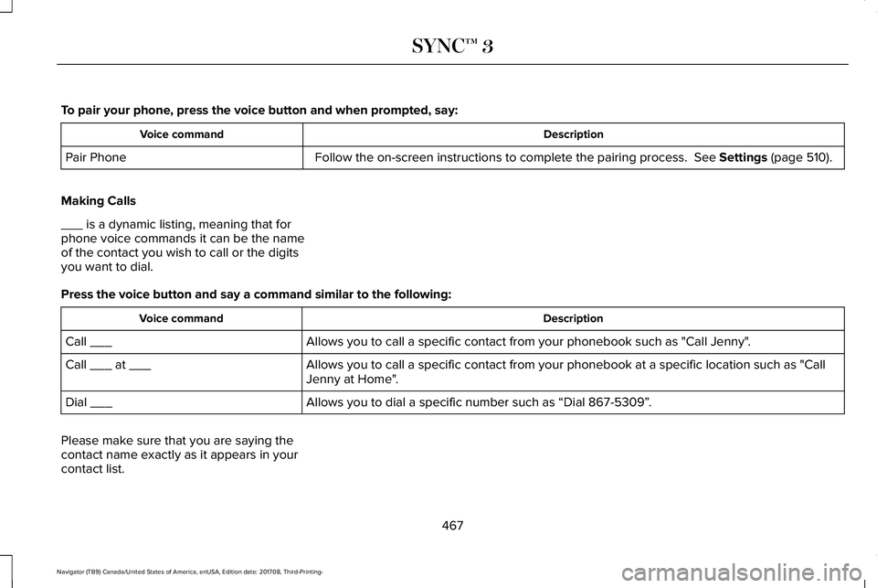 LINCOLN NAVIGATOR 2018 Owners Manual To pair your phone, press the voice button and when prompted, say:
DescriptionVoice command
Follow the on-screen instructions to complete the pairing process. See Settings (page 510).Pair Phone
Makin LINCOLN NAVIGATOR 2018 Owners Manual To pair your phone, press the voice button and when prompted, say:
DescriptionVoice command
Follow the on-screen instructions to complete the pairing process. See Settings (page 510).Pair Phone
Makin